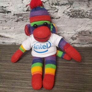 Intel Rainbow 10" Sock Monkey Advertising Plush Stuffed Animal Wearing T-Shirt